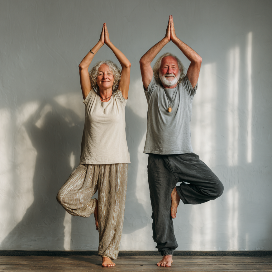 Seniori practicând yoga într-un mediu liniștit